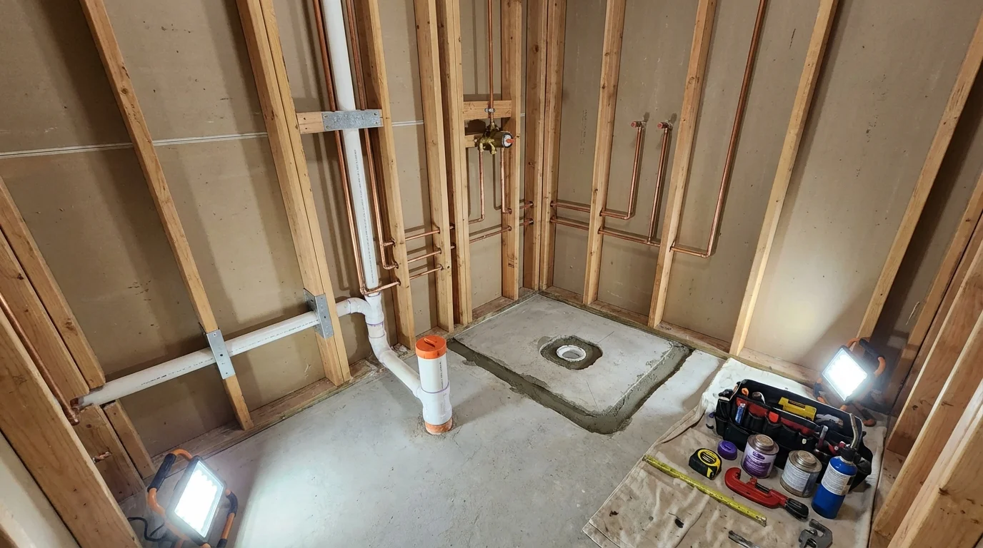 Bathroom rough-in plumbing during remodel by Johns Plumbing LLC in Winton