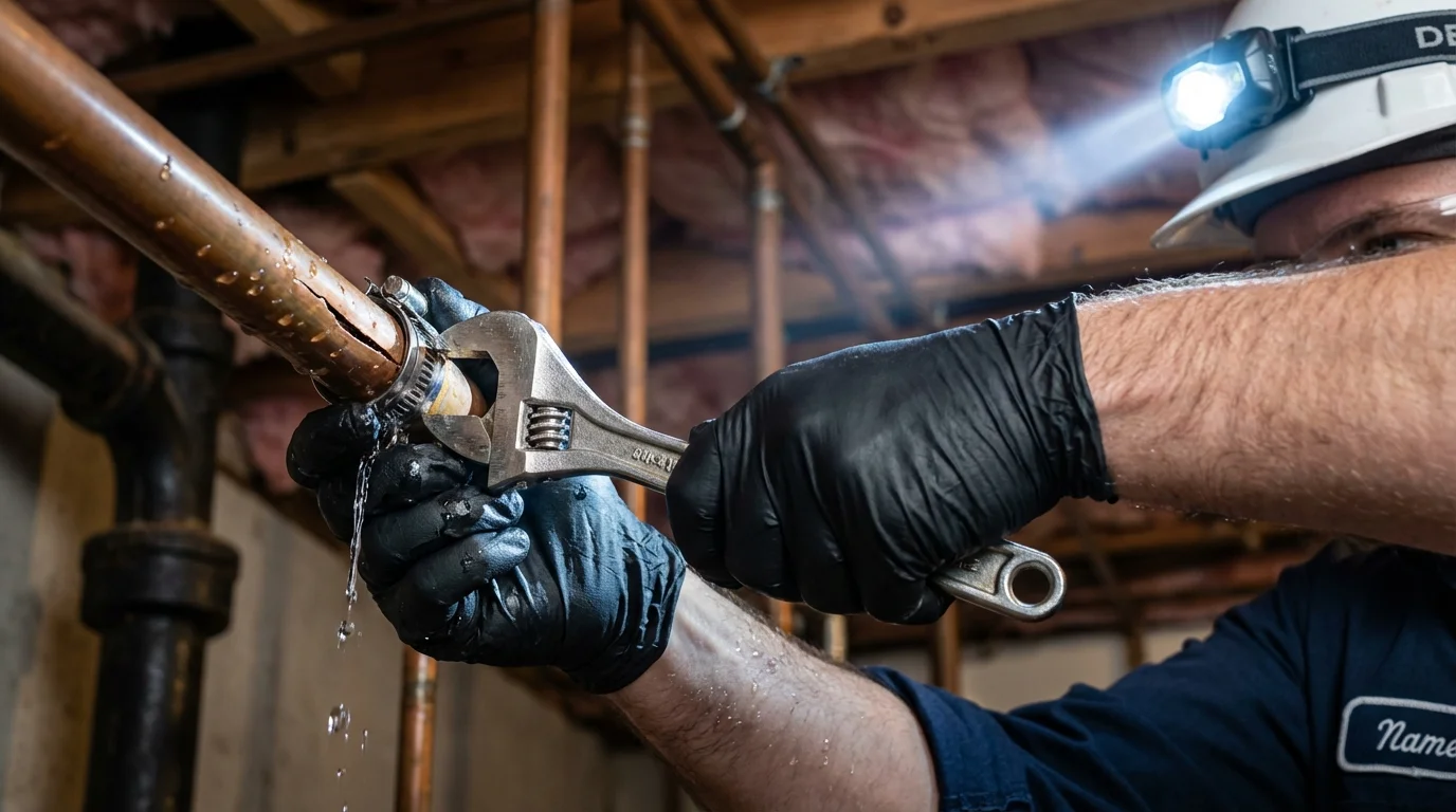 Emergency pipe clamp repair being performed by a Johns Plumbing LLC plumber in Winton