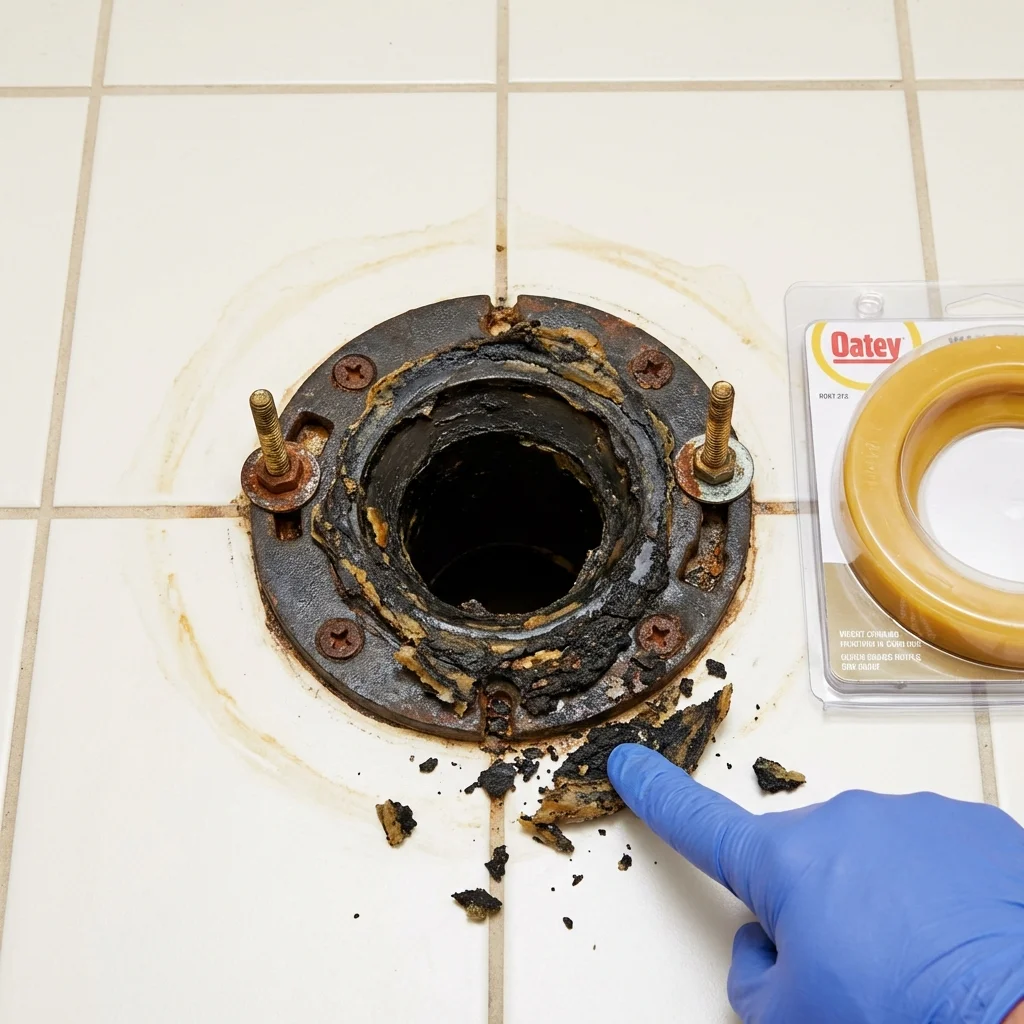 Failed wax ring showing water seepage at the base of a toilet in a Winton, NC home